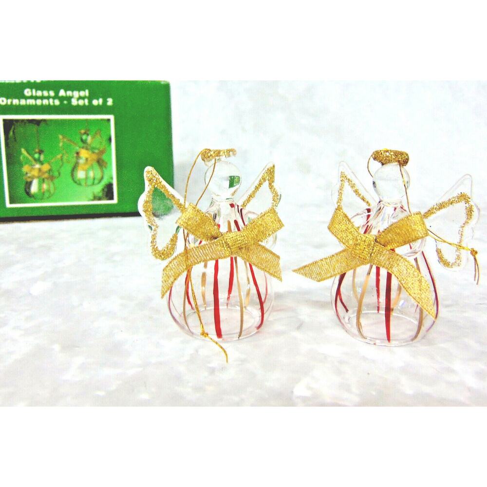 New Set (2) Glass Angel Ornament Figurines Gold Red Accents Glitter Halo & Bow!